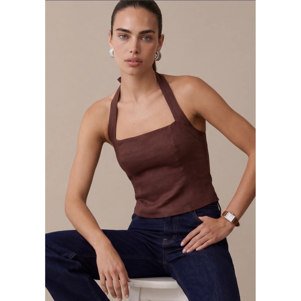 Few Moda Kourt Brown 100% Linen Smocked Halter Top K24WTPD1770G Size 6 NWT